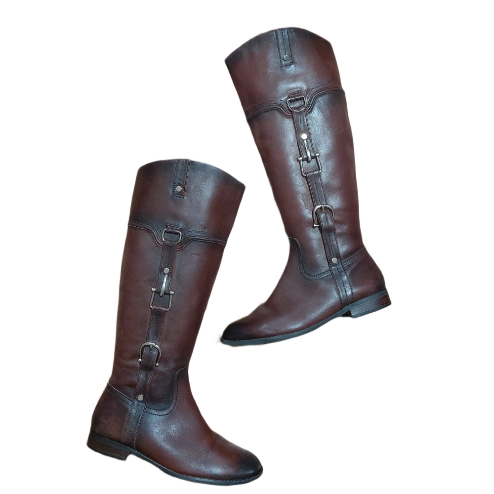 Michelle D Brown Knee High Leather Boots Women's Brown Buckled Riding Boots 8 M